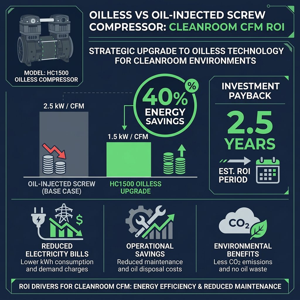 Oilless vs Oil-Injected Screw Compressor: Cleanroom CFM ROI