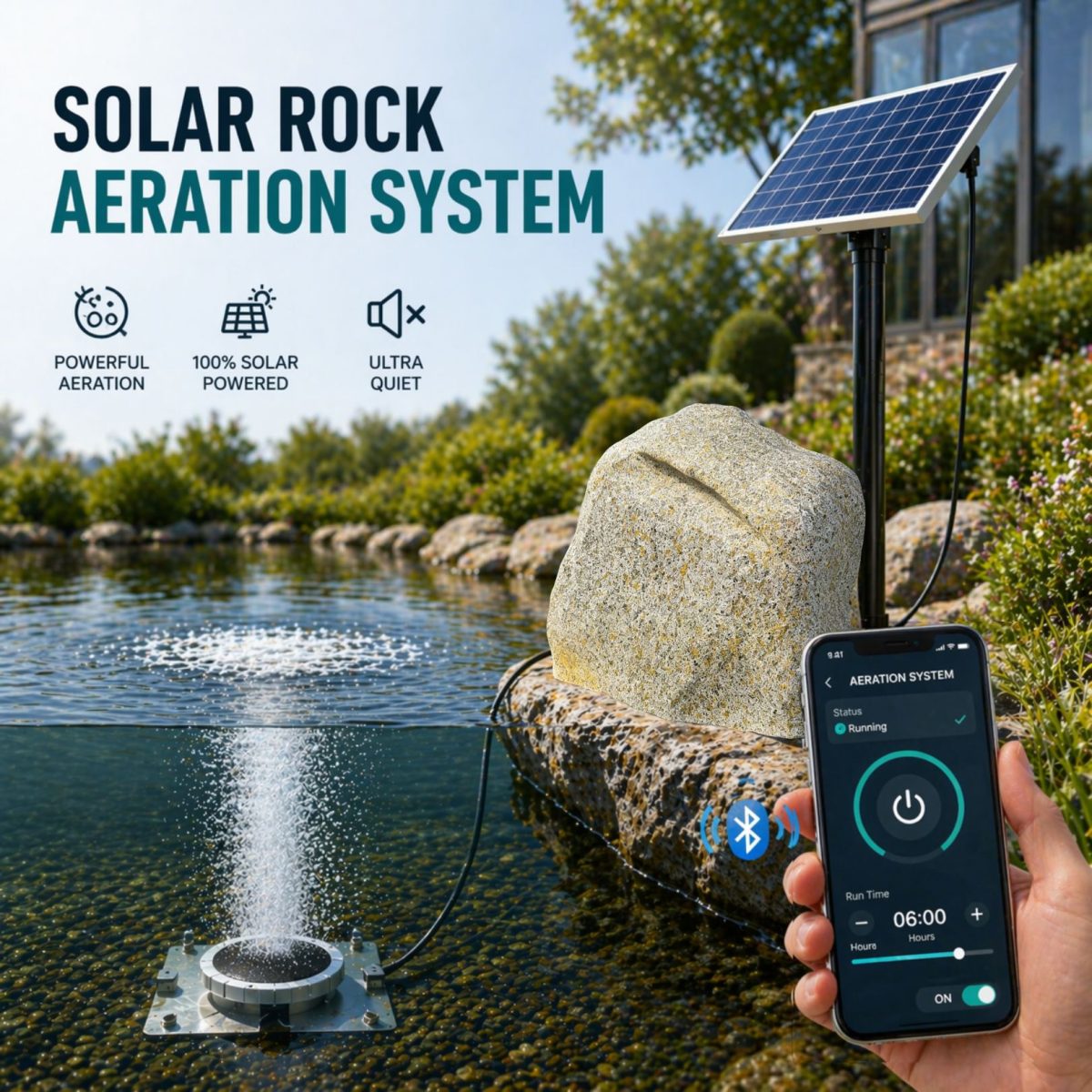 HC280D-70/2-ICAB Solar & AC Dual-Power Pond Aerator with Faux Rock Cover (Up to 1 Acre)