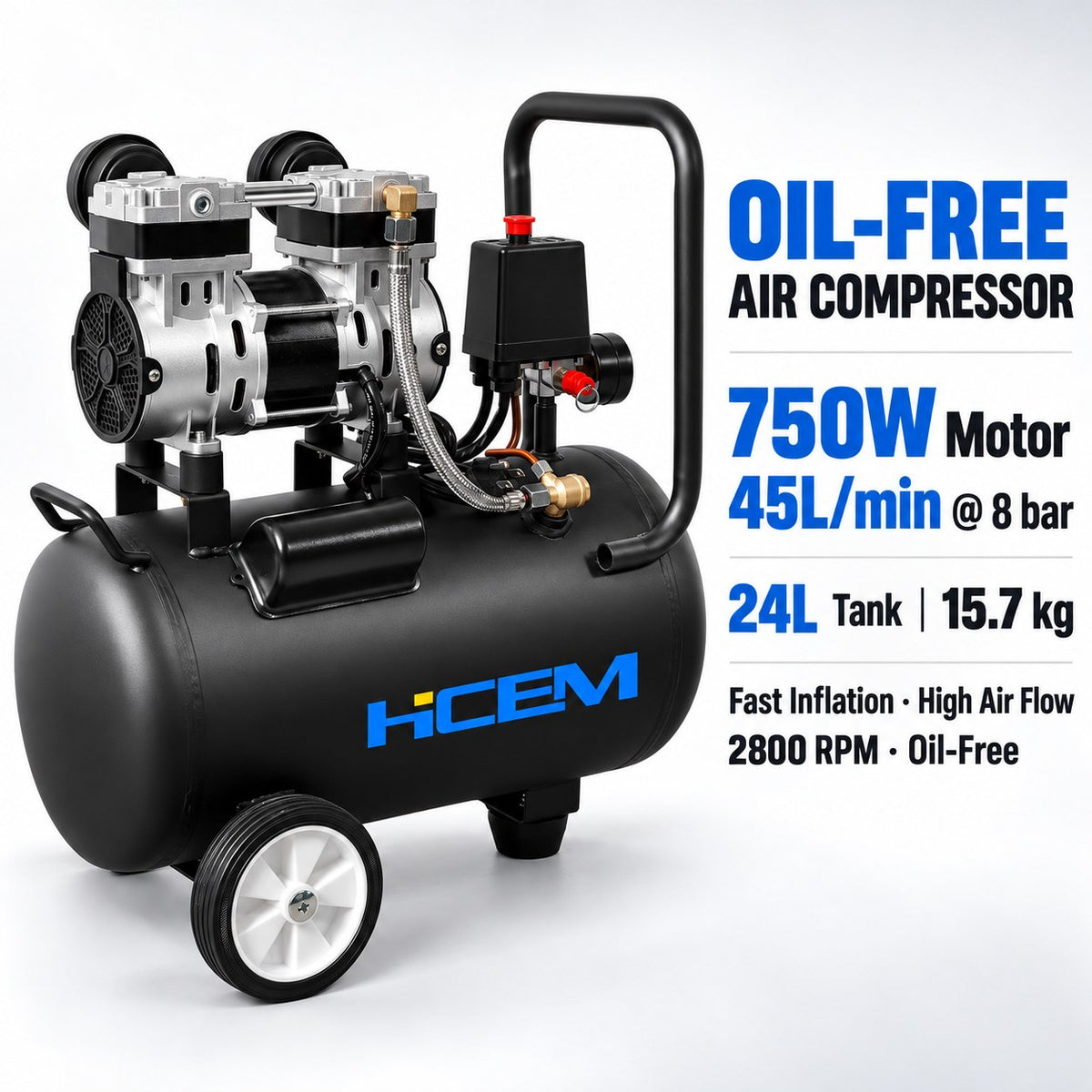 HC0750/1-P124W 750W oilless air compressor with 24L horizontal tank