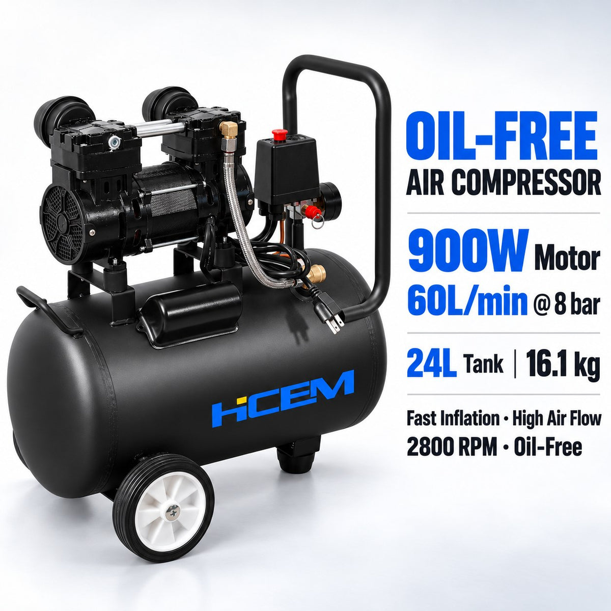 HC0900/1-P124W 900W oilless air compressor with 24L horizontal tank