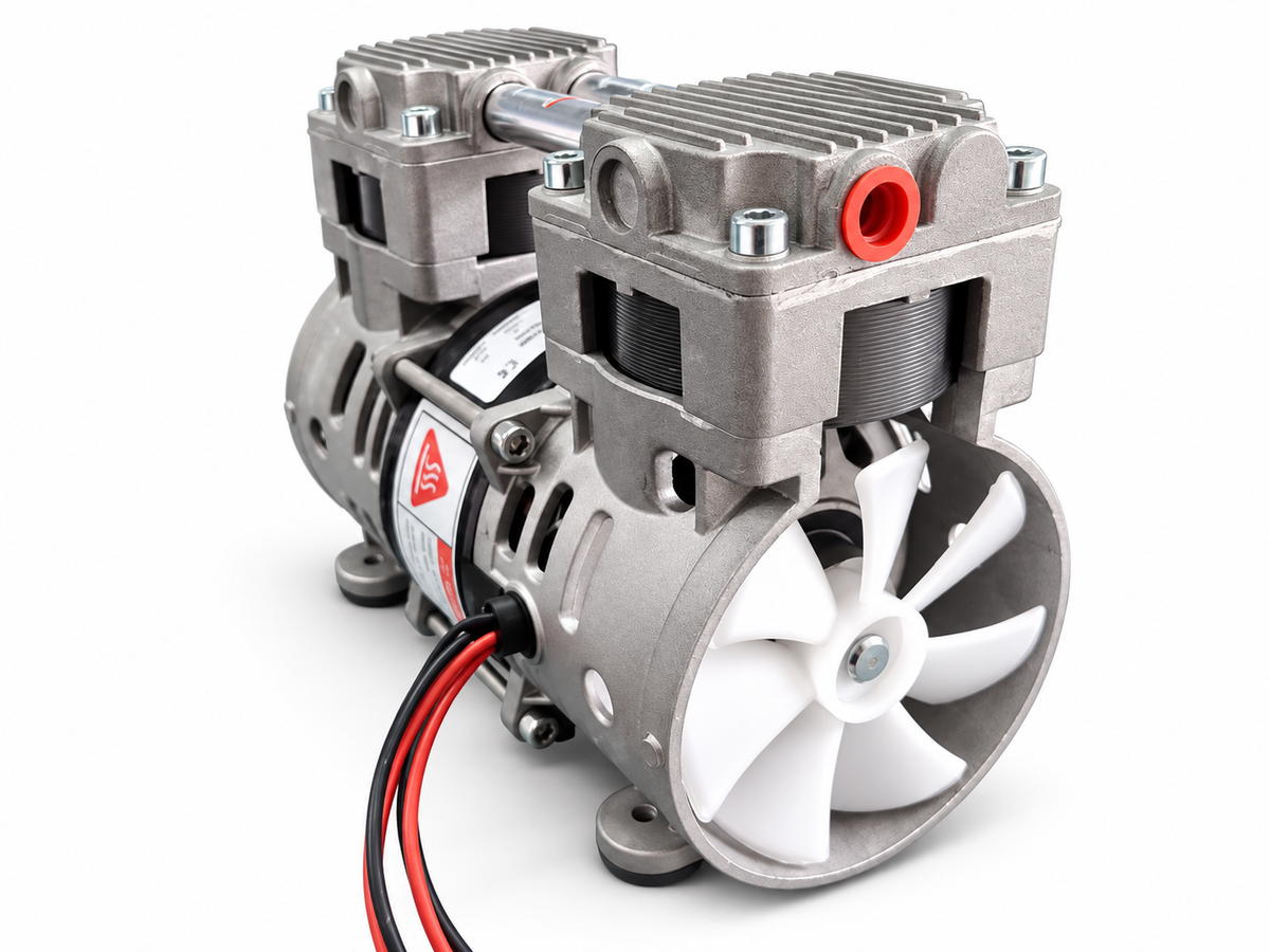 HC250 oil-free piston vacuum pump angled view with ports and cooling fan