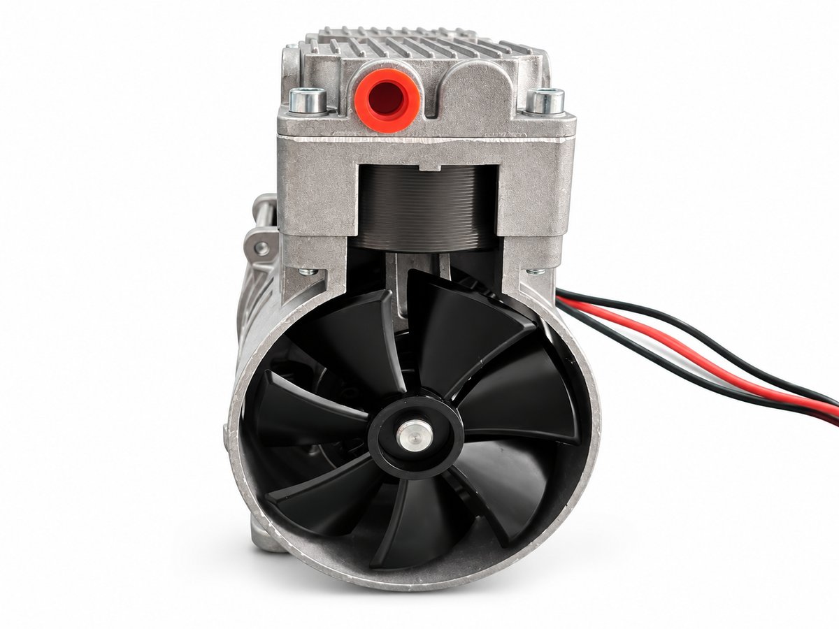 HC250 oil-free piston vacuum pump side view with cooling fan