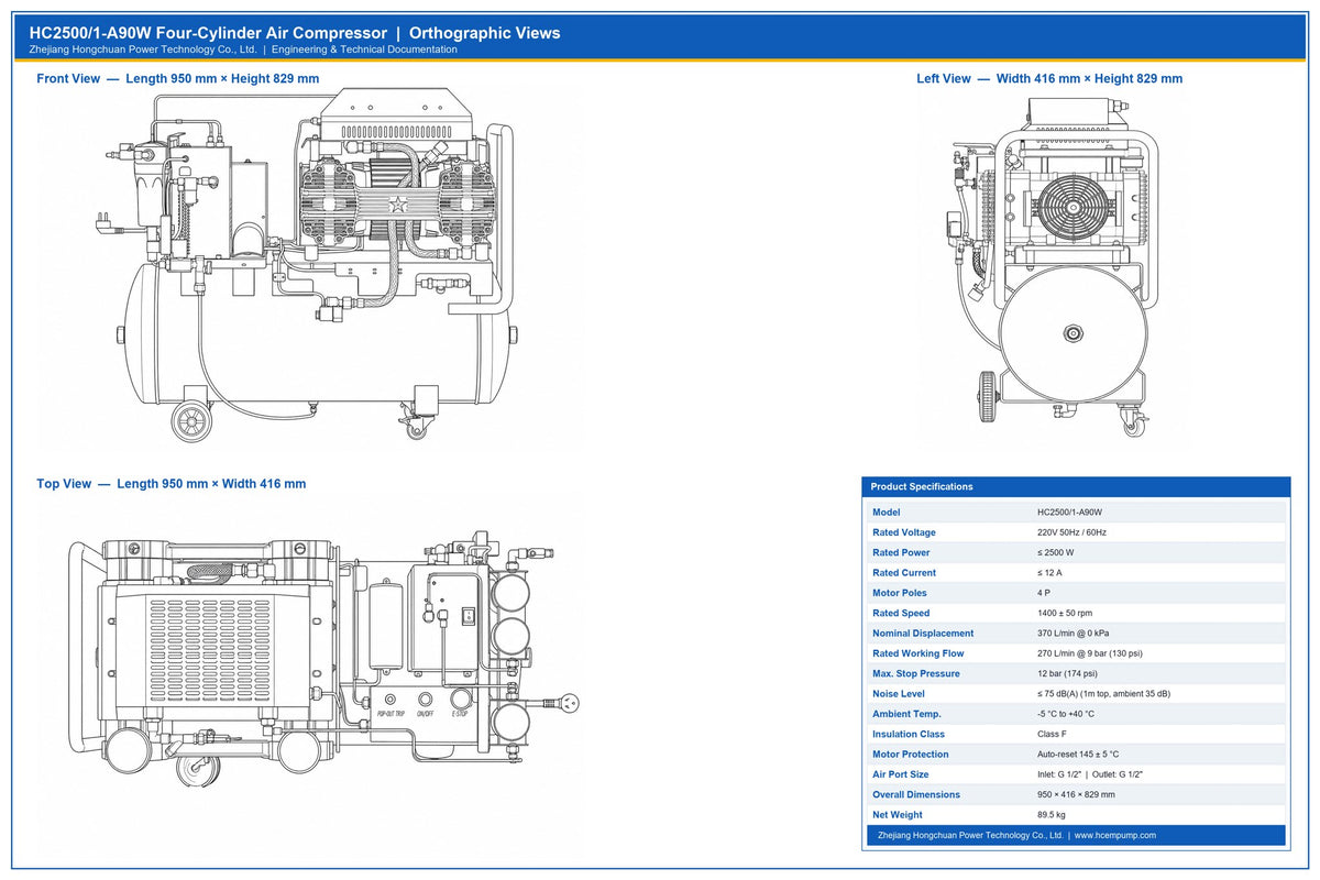 HC2500/1-A90W four-cylinder oil-free air compressor with refrigerated dryer and 90L tank - view 12