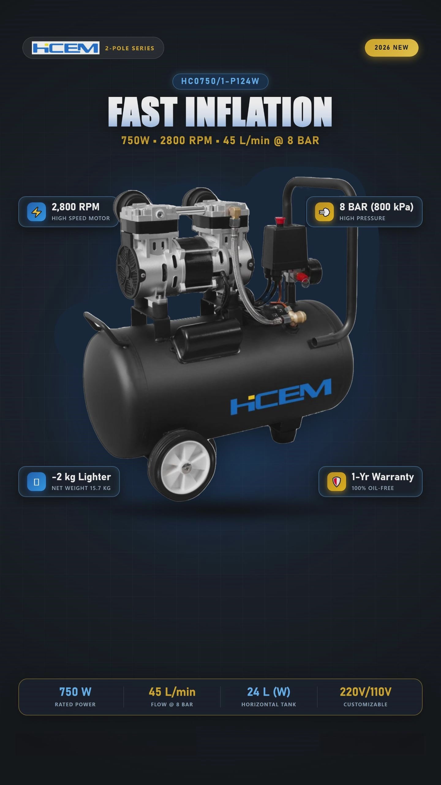 HC0750/1-P124W Oilless Air Compressor - product video