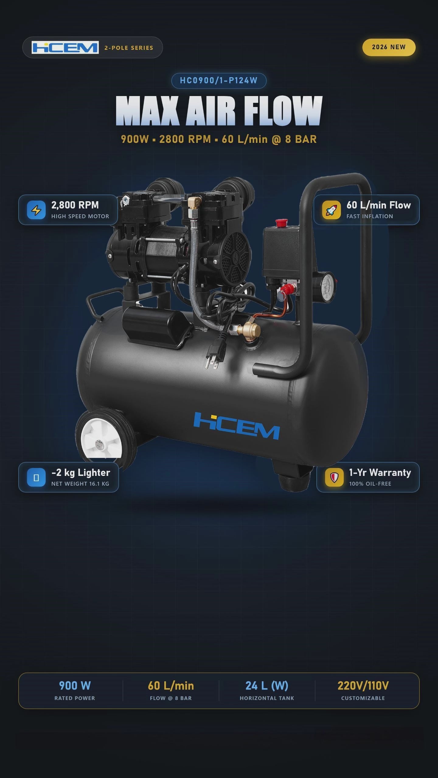 HC0900/1-P124W Oilless Air Compressor - product video